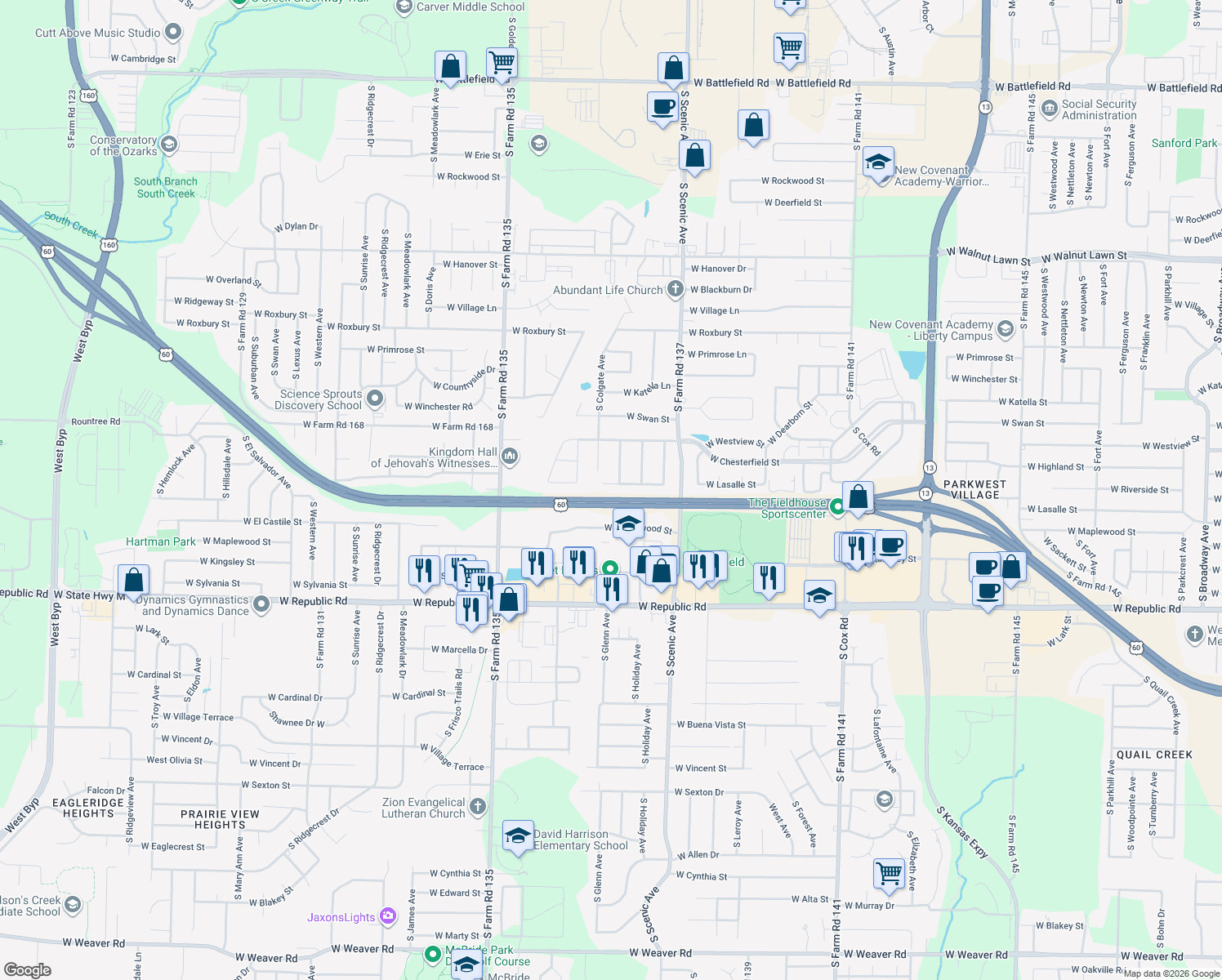 map of restaurants, bars, coffee shops, grocery stores, and more near 2858 W Lasalle St in Springfield