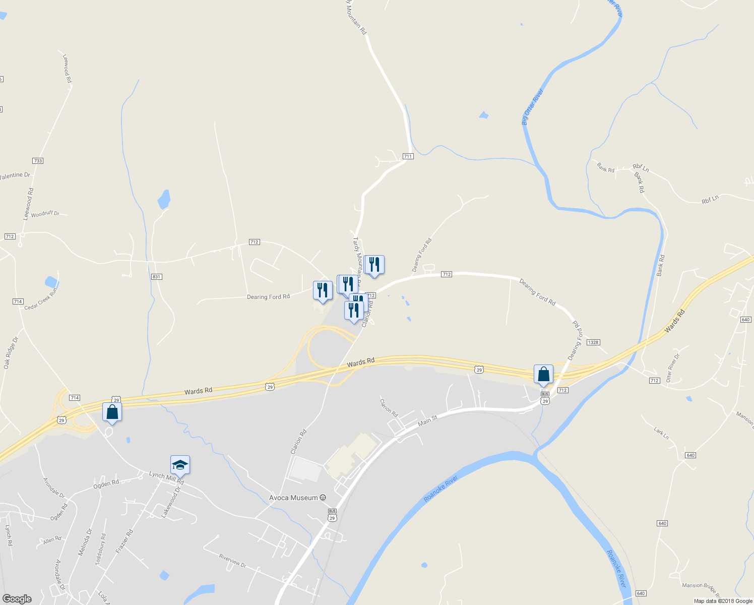 map of restaurants, bars, coffee shops, grocery stores, and more near 48 Clarion Road in Altavista