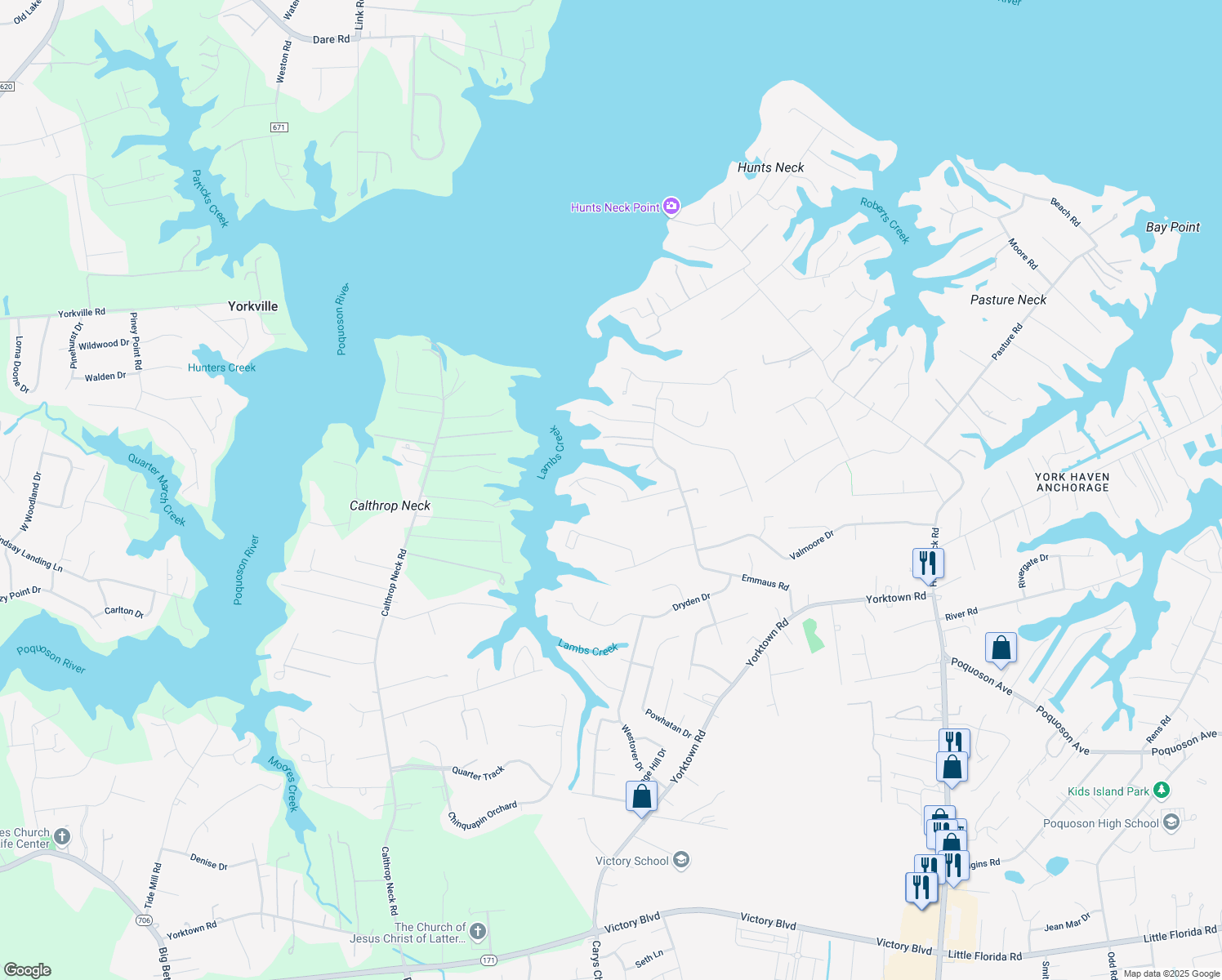 map of restaurants, bars, coffee shops, grocery stores, and more near 121 Freemoor Drive in Poquoson