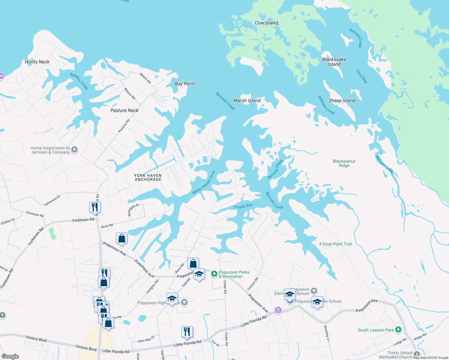 map of restaurants, bars, coffee shops, grocery stores, and more near 114 White House Drive in Poquoson
