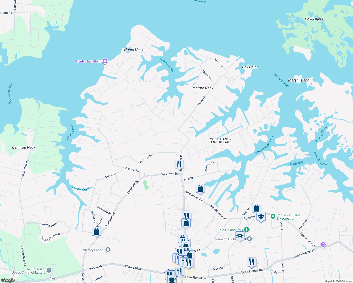 map of restaurants, bars, coffee shops, grocery stores, and more near 4 Trotters Bridge Drive in Poquoson