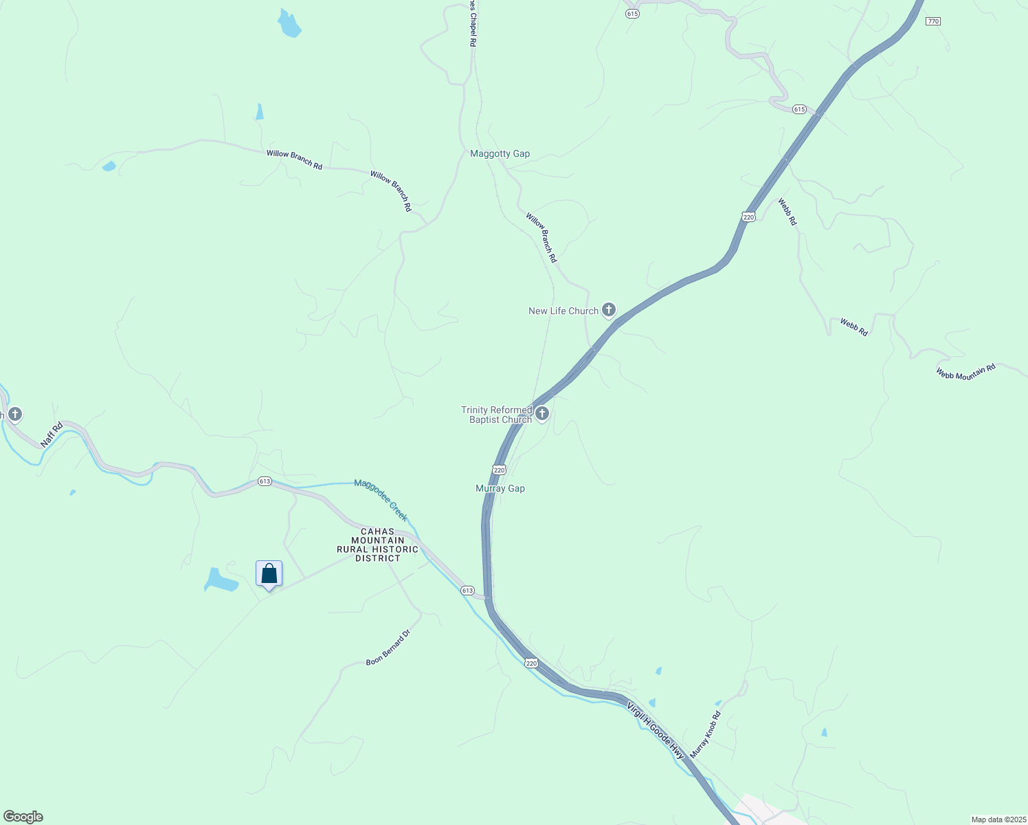map of restaurants, bars, coffee shops, grocery stores, and more near 7963 Franklin Road in Boones Mill