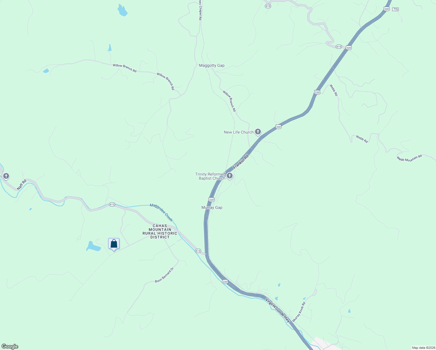 map of restaurants, bars, coffee shops, grocery stores, and more near 7963 Franklin Road in Boones Mill