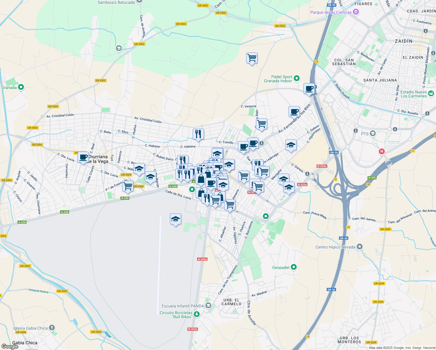 map of restaurants, bars, coffee shops, grocery stores, and more near 11 Calle Alcazaba in Armilla