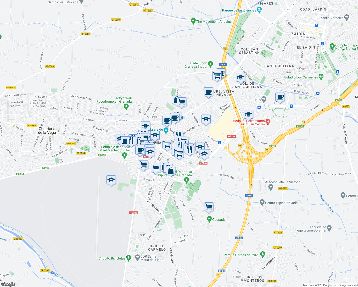 map of restaurants, bars, coffee shops, grocery stores, and more near 10 Calle Vistabella in Armilla