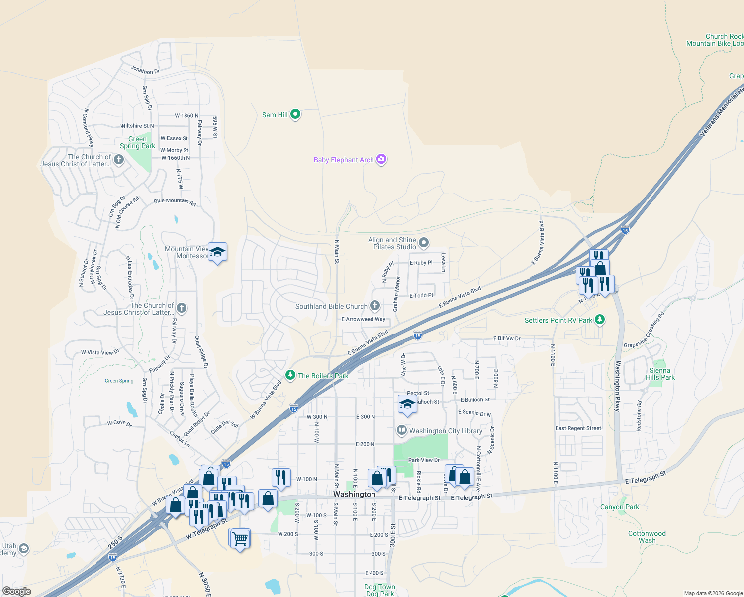 map of restaurants, bars, coffee shops, grocery stores, and more near 912 Rolling Hills Road in Washington