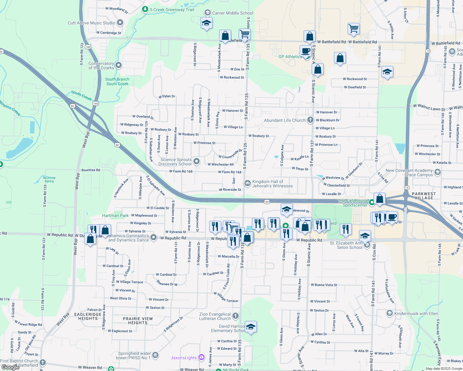 map of restaurants, bars, coffee shops, grocery stores, and more near 3855 Geri in Springfield