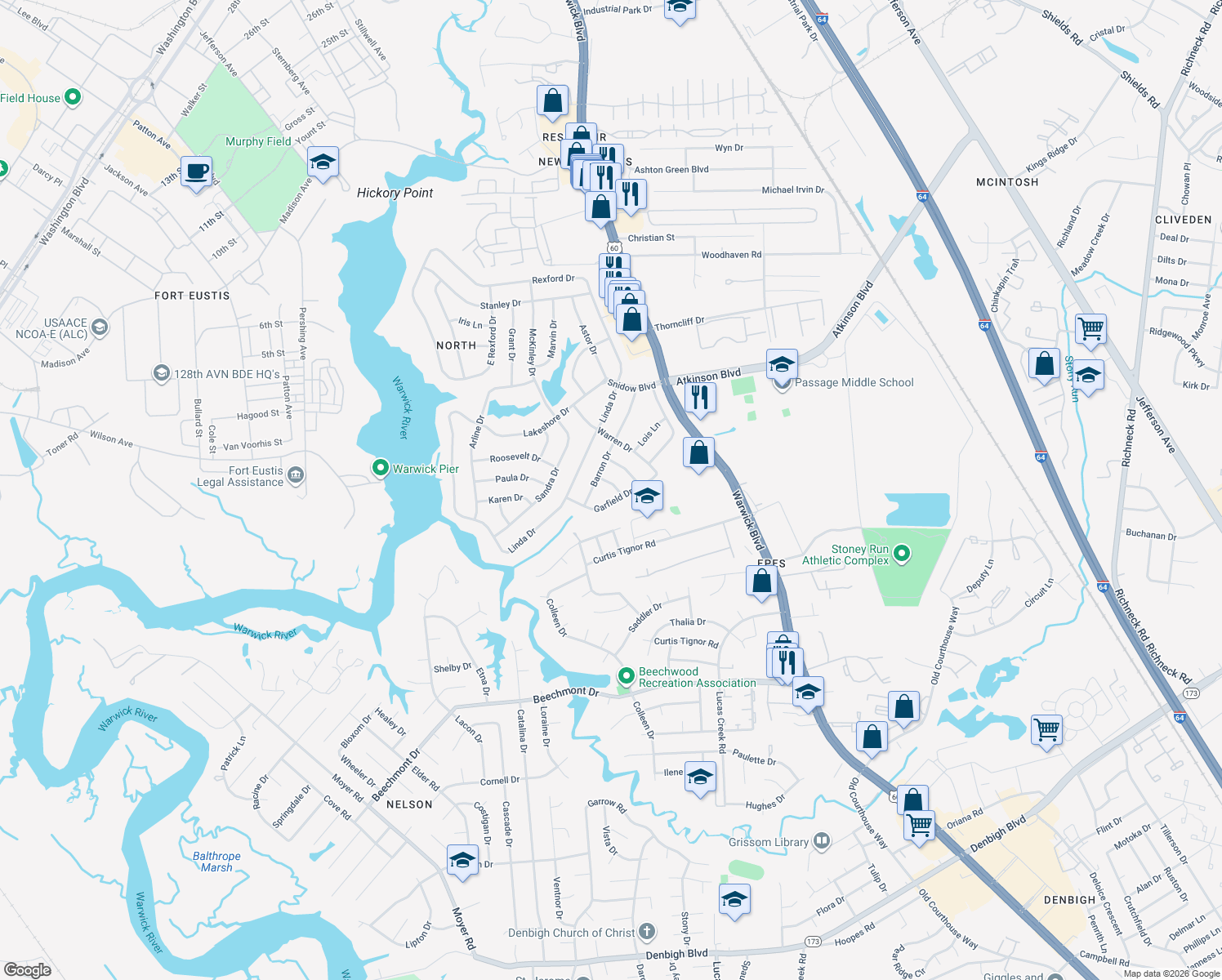 map of restaurants, bars, coffee shops, grocery stores, and more near 8 Brackin Ln in Newport News