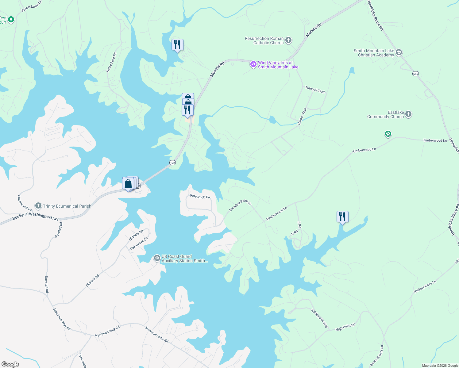 map of restaurants, bars, coffee shops, grocery stores, and more near 125 Oak Hollow Road in Moneta