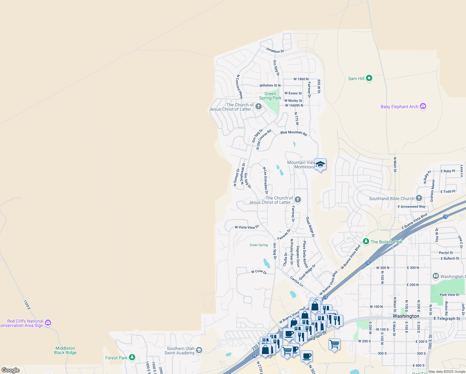 map of restaurants, bars, coffee shops, grocery stores, and more near 983 North Sunset Drive in Washington