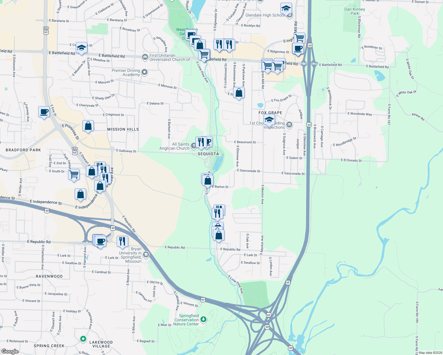 map of restaurants, bars, coffee shops, grocery stores, and more near 2871 E Barton St in Springfield