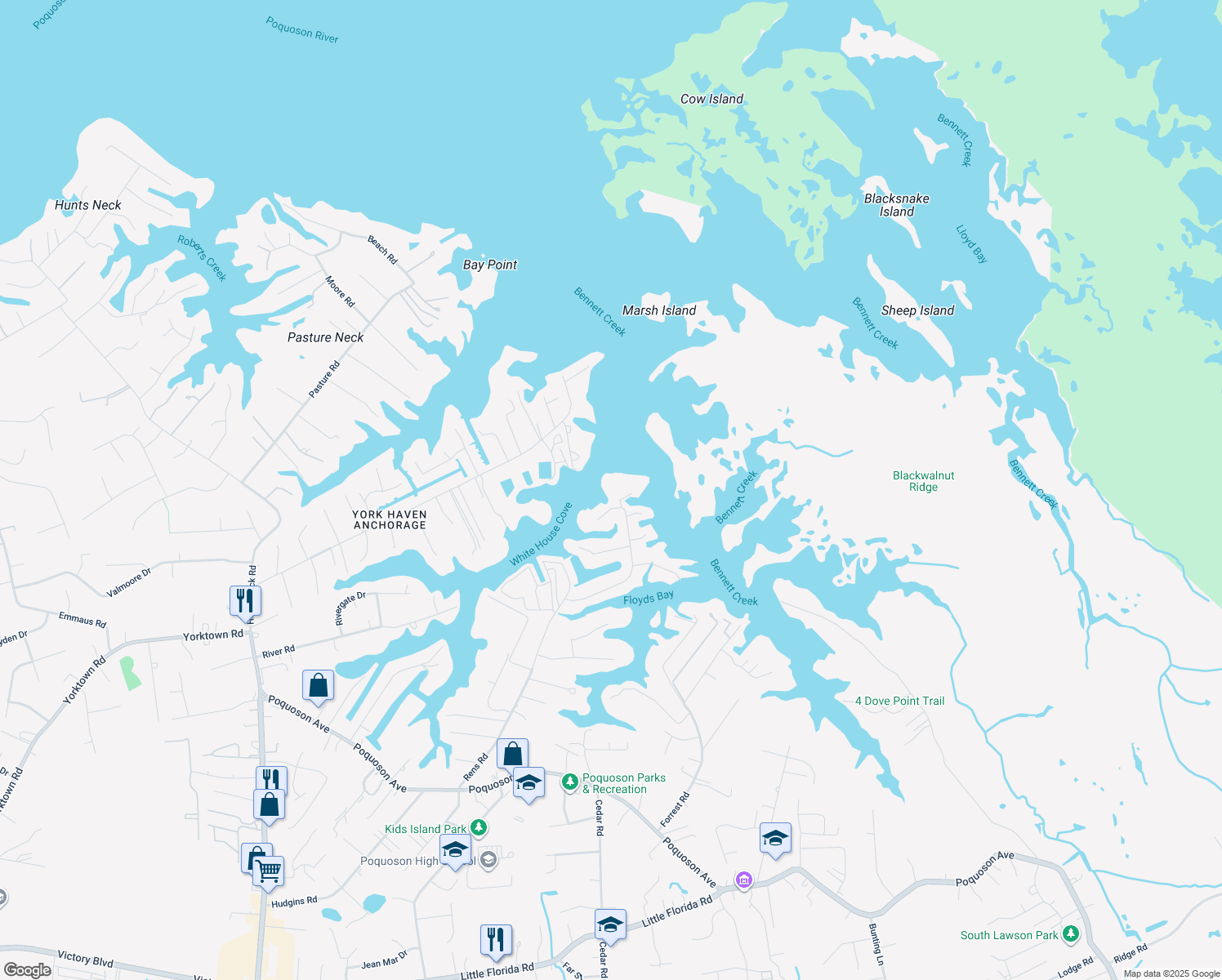 map of restaurants, bars, coffee shops, grocery stores, and more near 119 White House Drive in Poquoson