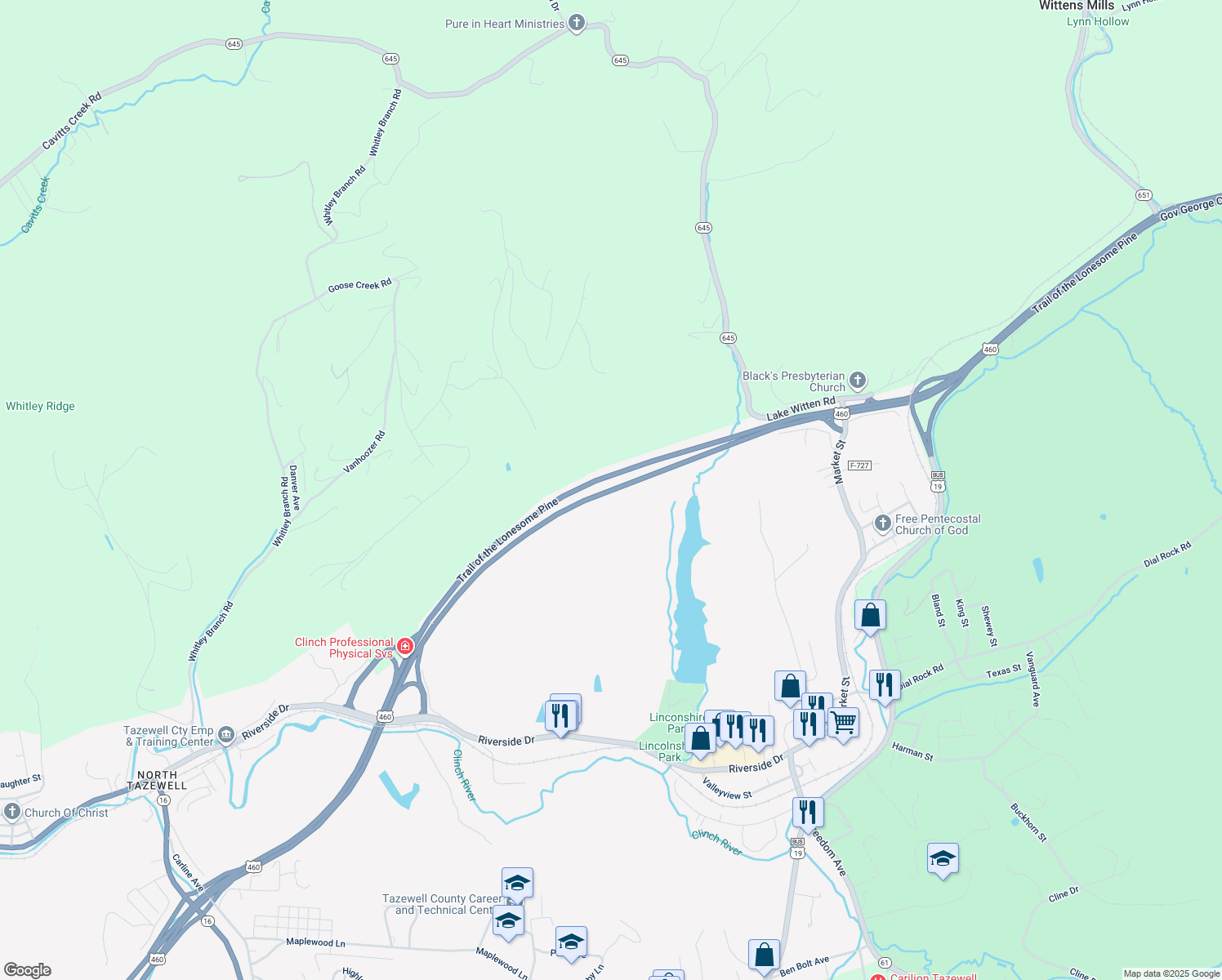 map of restaurants, bars, coffee shops, grocery stores, and more near Governor G C Peery Highway in Tazewell