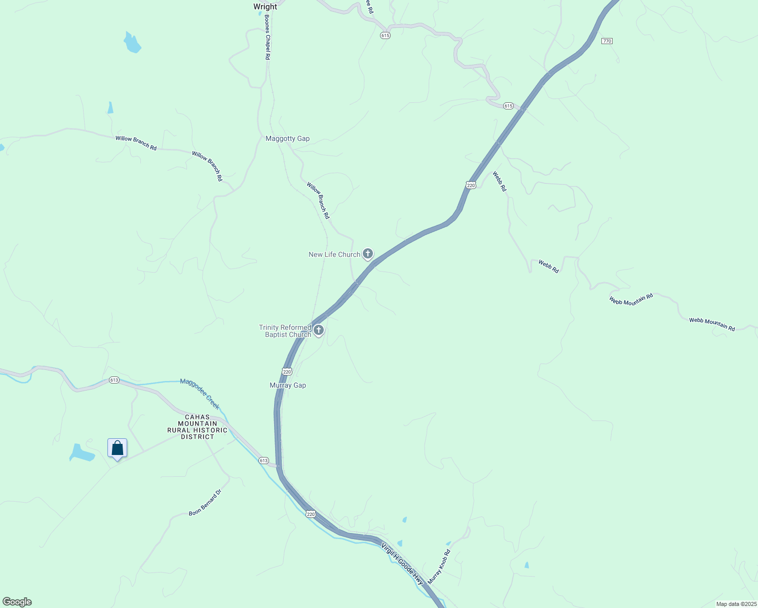 map of restaurants, bars, coffee shops, grocery stores, and more near Spotswood Drive in Boones Mill
