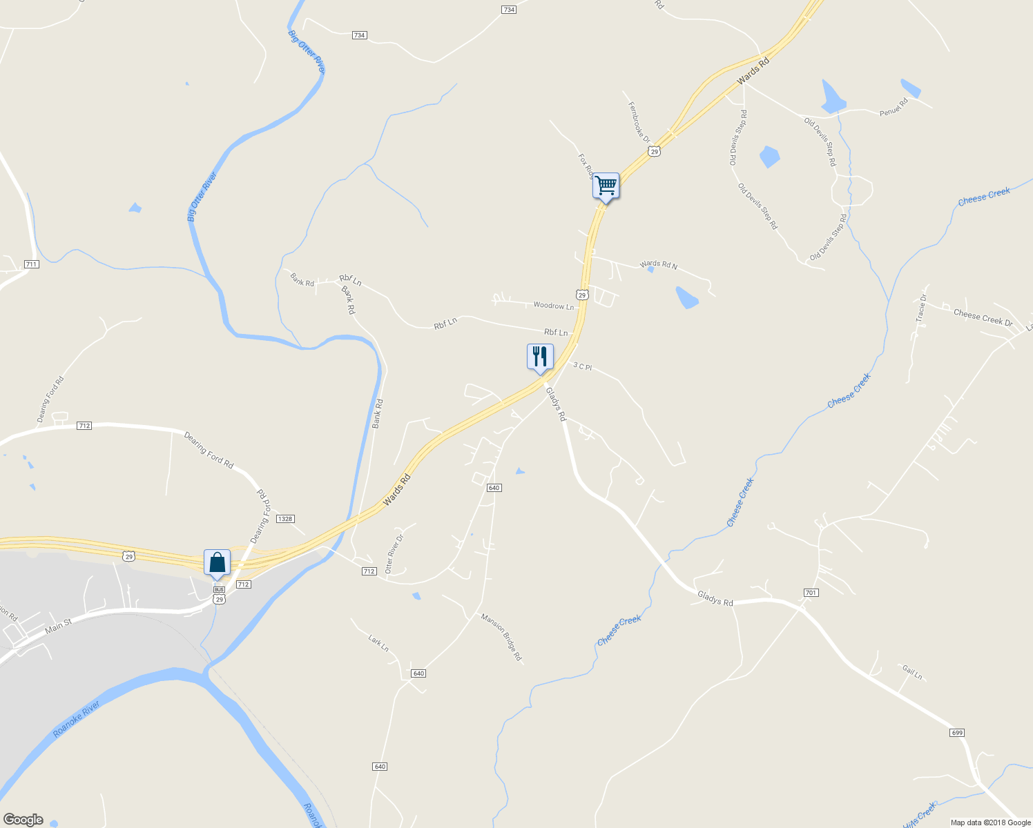 map of restaurants, bars, coffee shops, grocery stores, and more near Empire Lane in Altavista