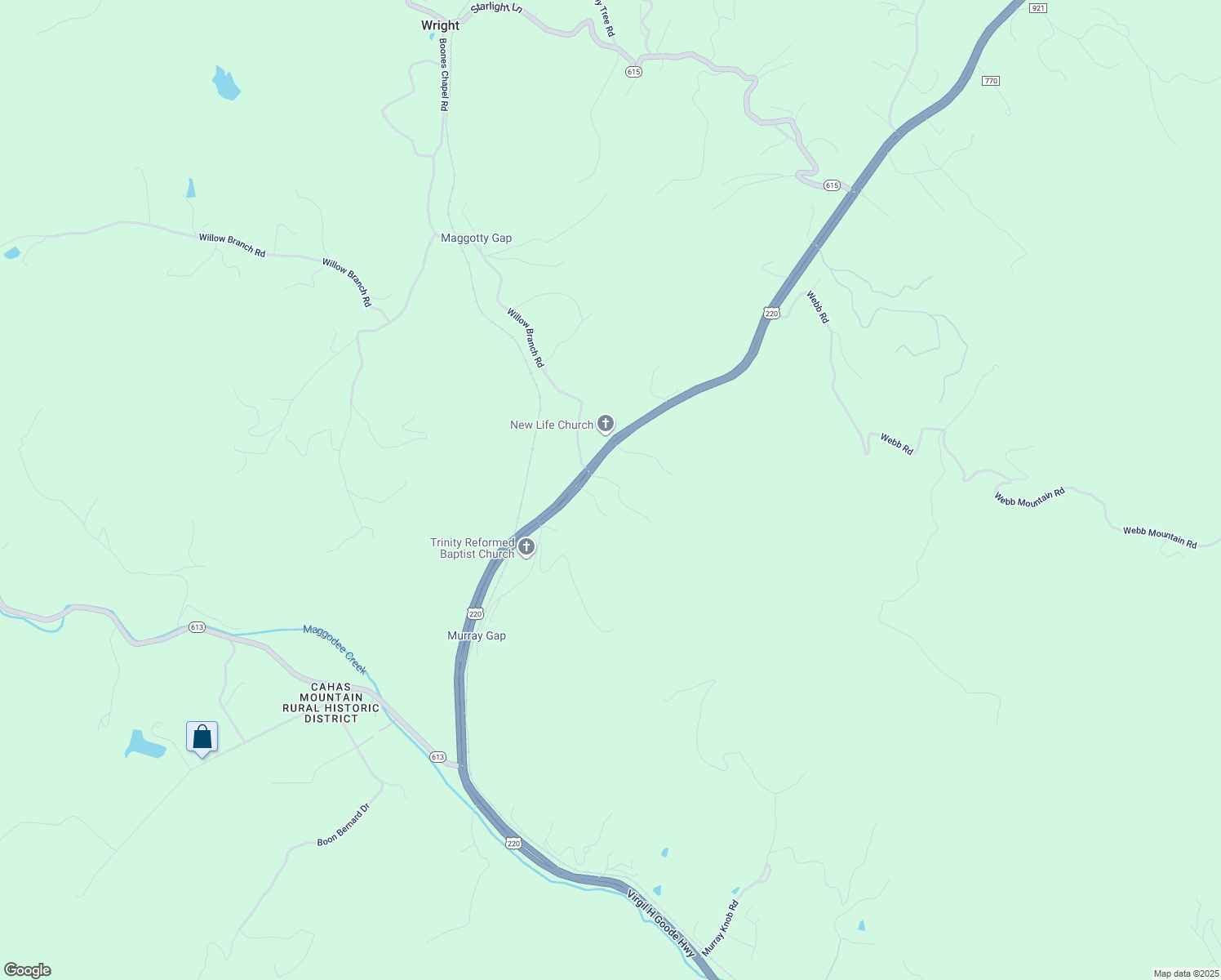 map of restaurants, bars, coffee shops, grocery stores, and more near Spotswood Drive in Boones Mill