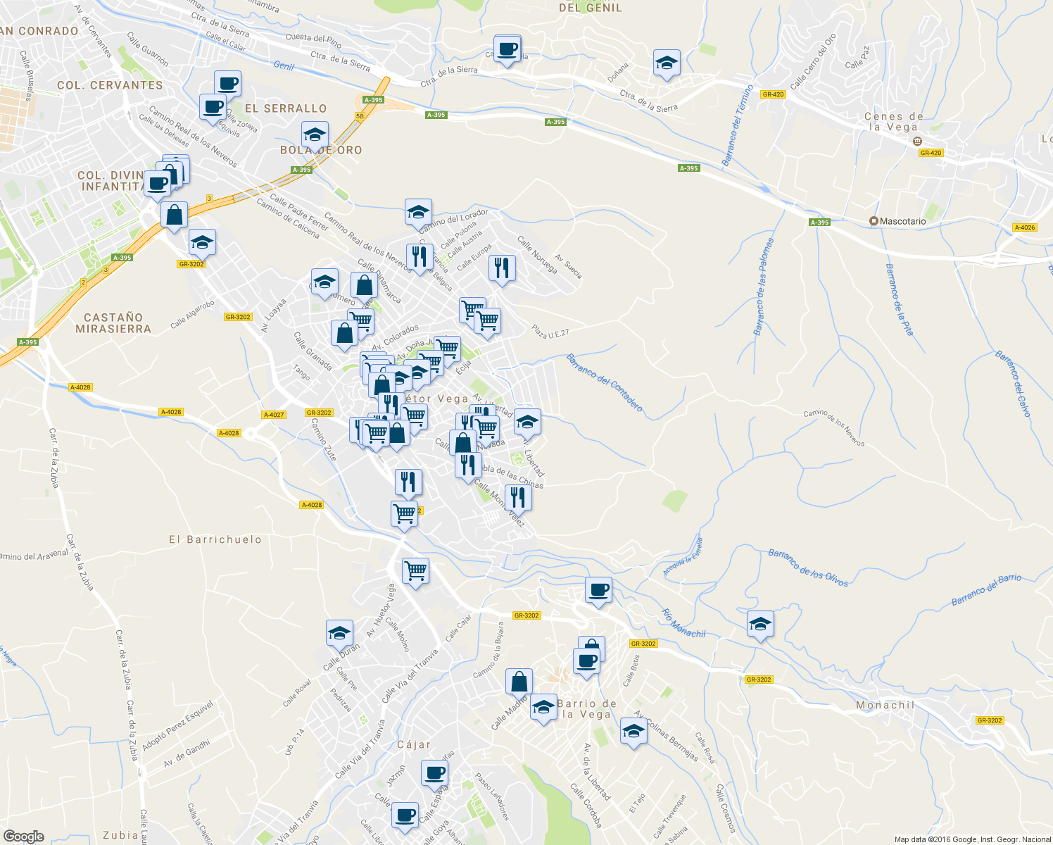map of restaurants, bars, coffee shops, grocery stores, and more near 6 Avenida Ingeniero Santa Cruz in Huétor Vega