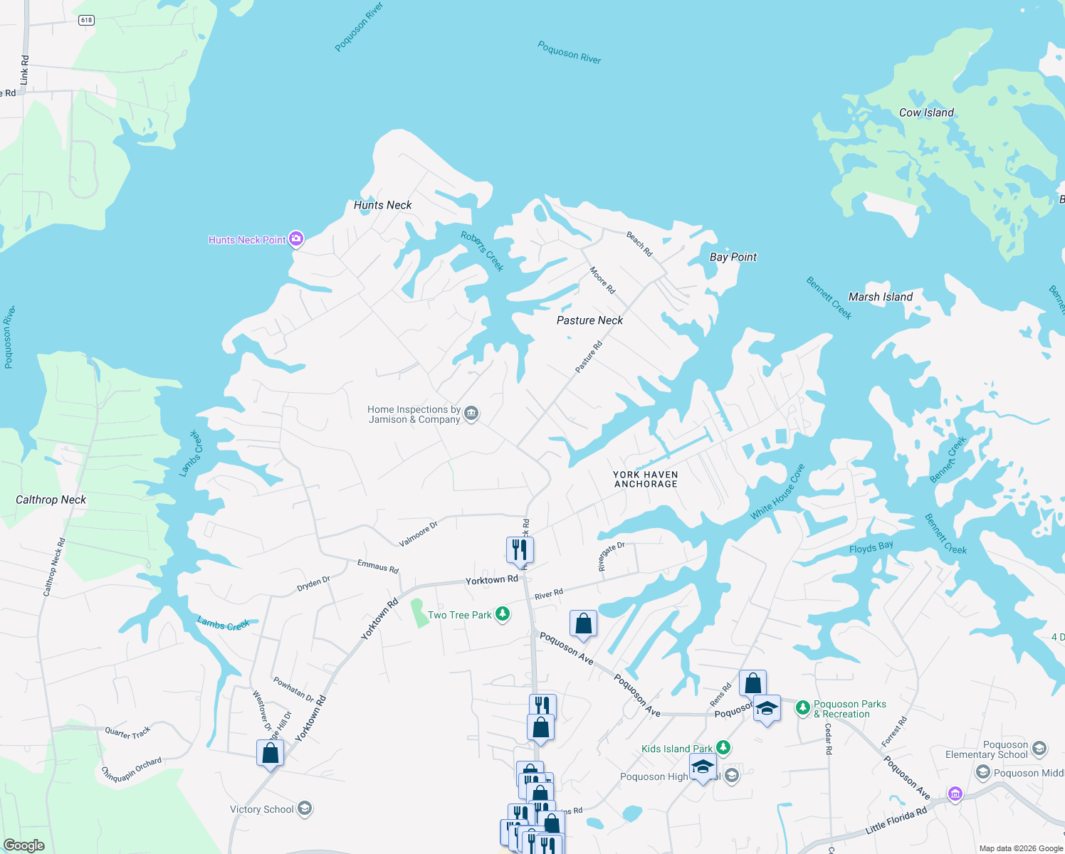 map of restaurants, bars, coffee shops, grocery stores, and more near 23 Pasture Road in Poquoson