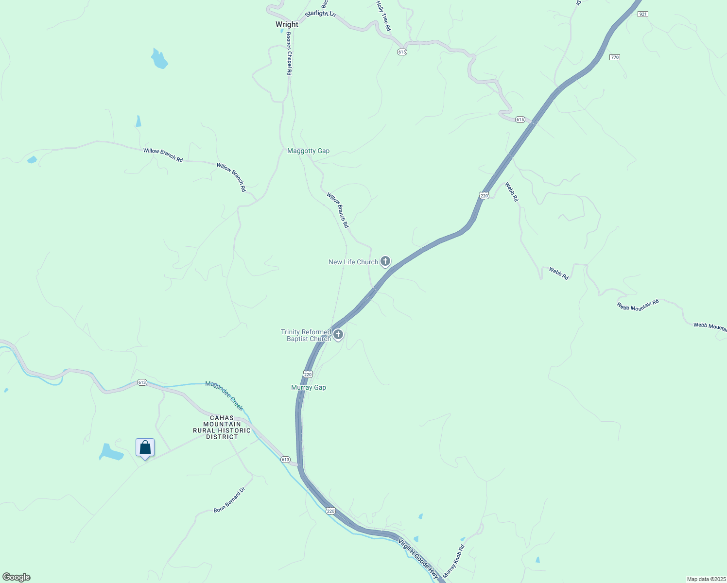 map of restaurants, bars, coffee shops, grocery stores, and more near 7825 Franklin Road in Boones Mill