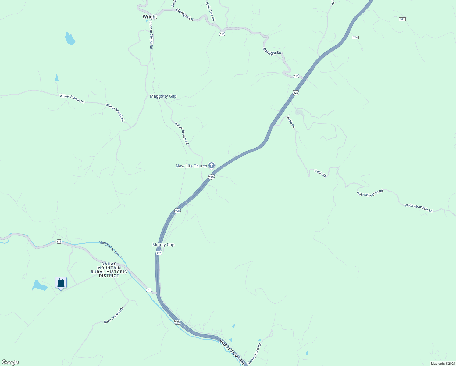 map of restaurants, bars, coffee shops, grocery stores, and more near 7776 Franklin Road in Boones Mill
