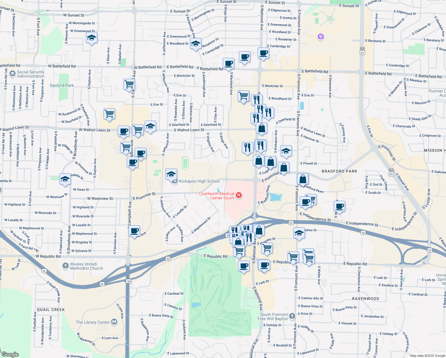 map of restaurants, bars, coffee shops, grocery stores, and more near 959 E Primrose St in Springfield