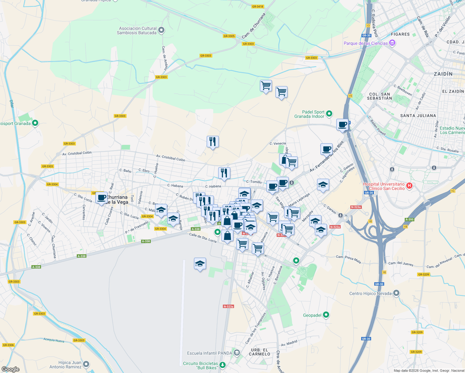 map of restaurants, bars, coffee shops, grocery stores, and more near 5 Calle Gardenia in Armilla