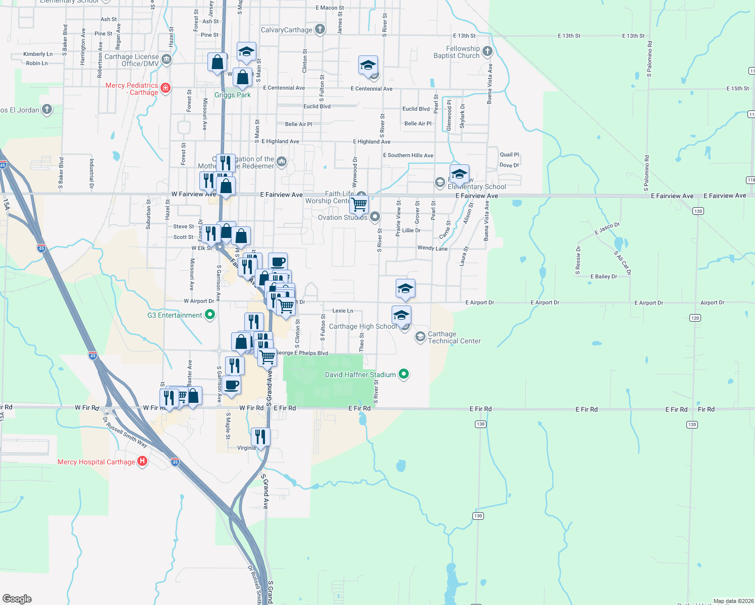 map of restaurants, bars, coffee shops, grocery stores, and more near 899 E Airport Dr in Carthage