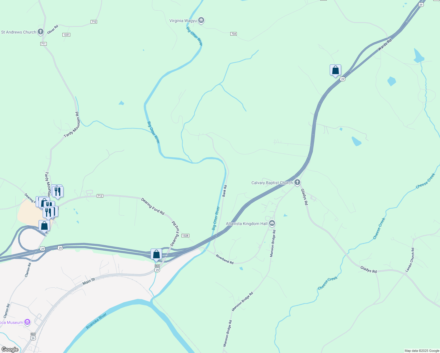 map of restaurants, bars, coffee shops, grocery stores, and more near 596 Rfb Lane in Altavista