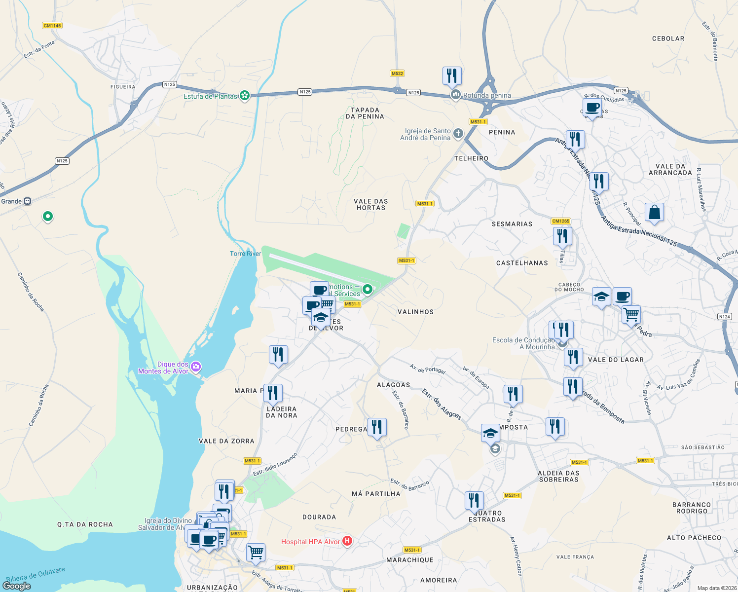 map of restaurants, bars, coffee shops, grocery stores, and more near Estrada da Cruz in Alvor