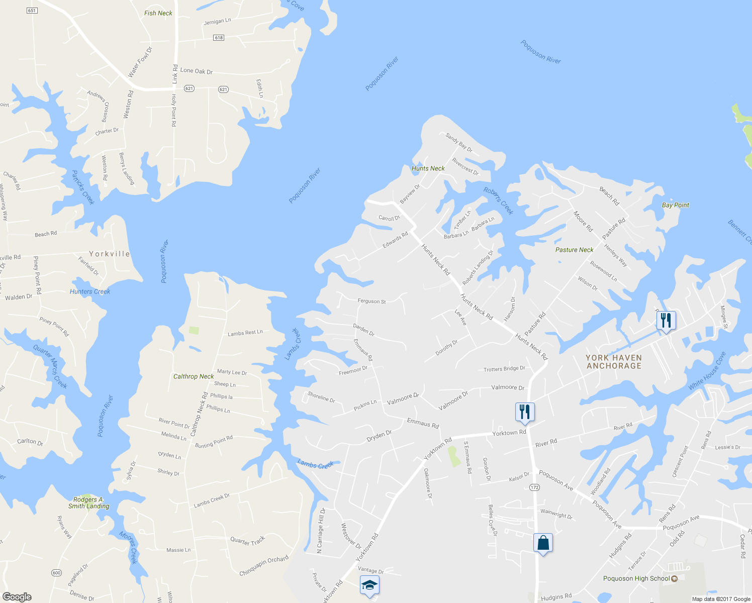 map of restaurants, bars, coffee shops, grocery stores, and more near 24 Ferguson Street in Poquoson