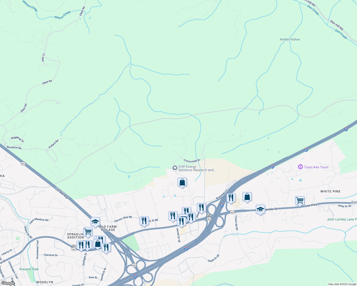 map of restaurants, bars, coffee shops, grocery stores, and more near 1026 Saint Clair Lane in Christiansburg