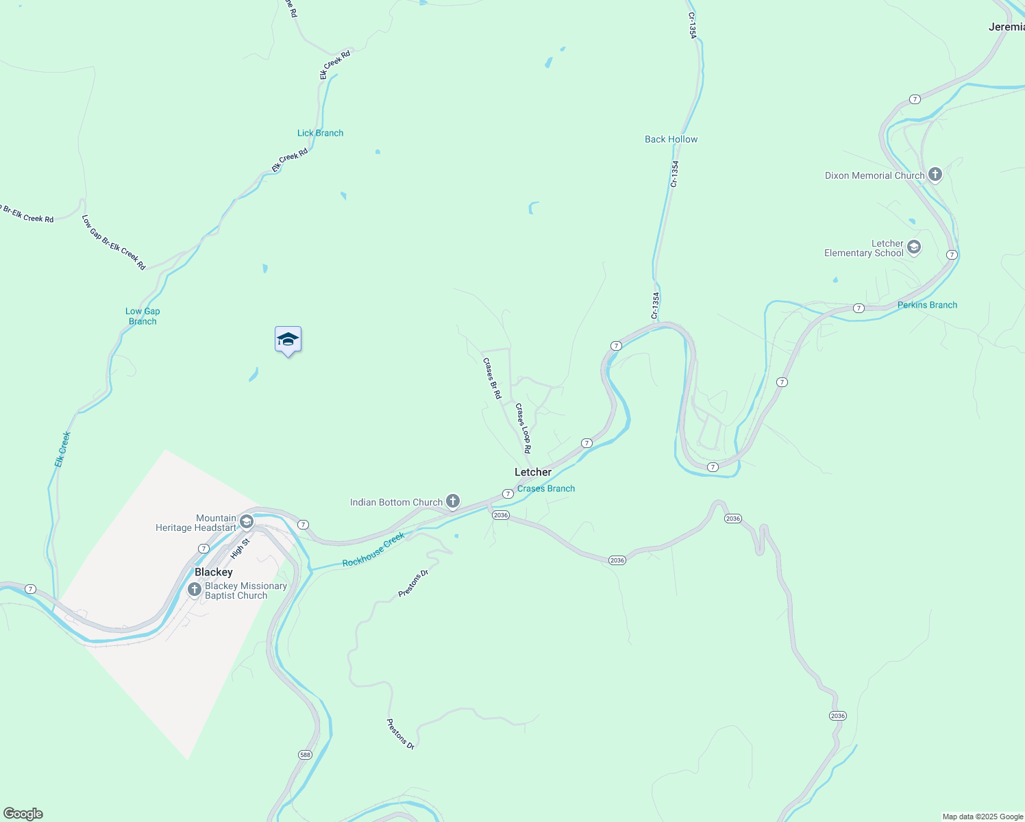map of restaurants, bars, coffee shops, grocery stores, and more near Cr-1357 in Letcher