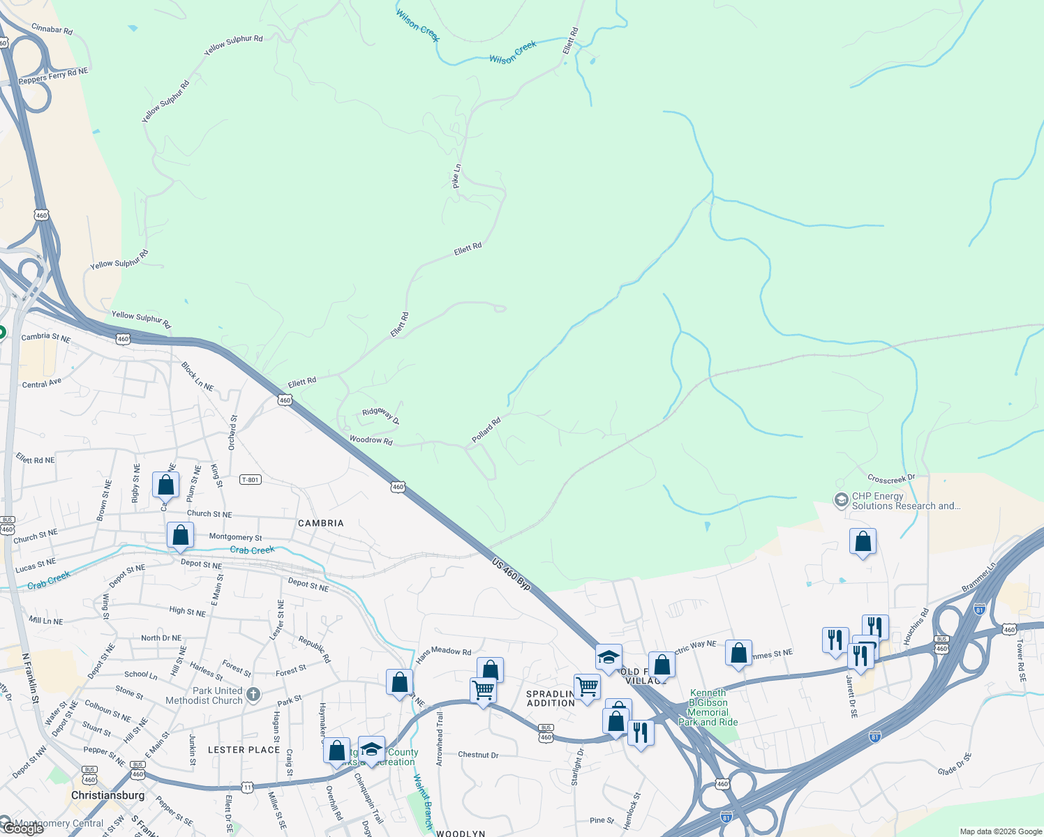 map of restaurants, bars, coffee shops, grocery stores, and more near 1010 Pollard Road in Christiansburg