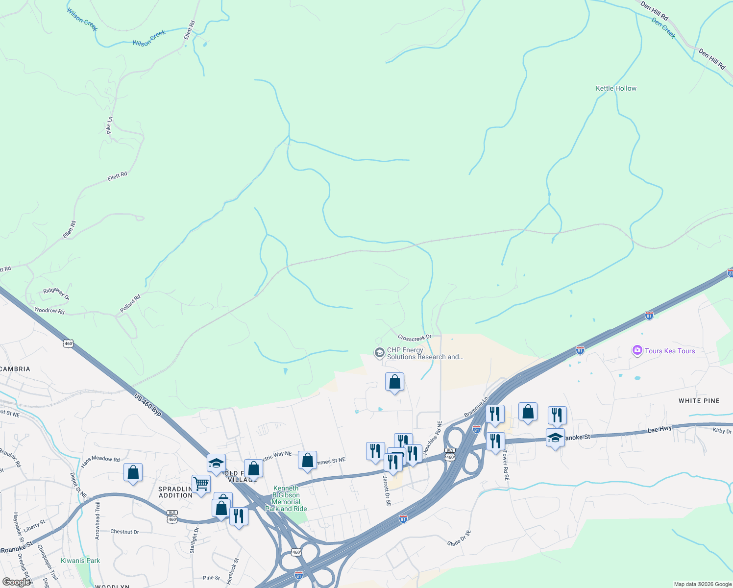 map of restaurants, bars, coffee shops, grocery stores, and more near 1048 Saint Clair Lane in Christiansburg