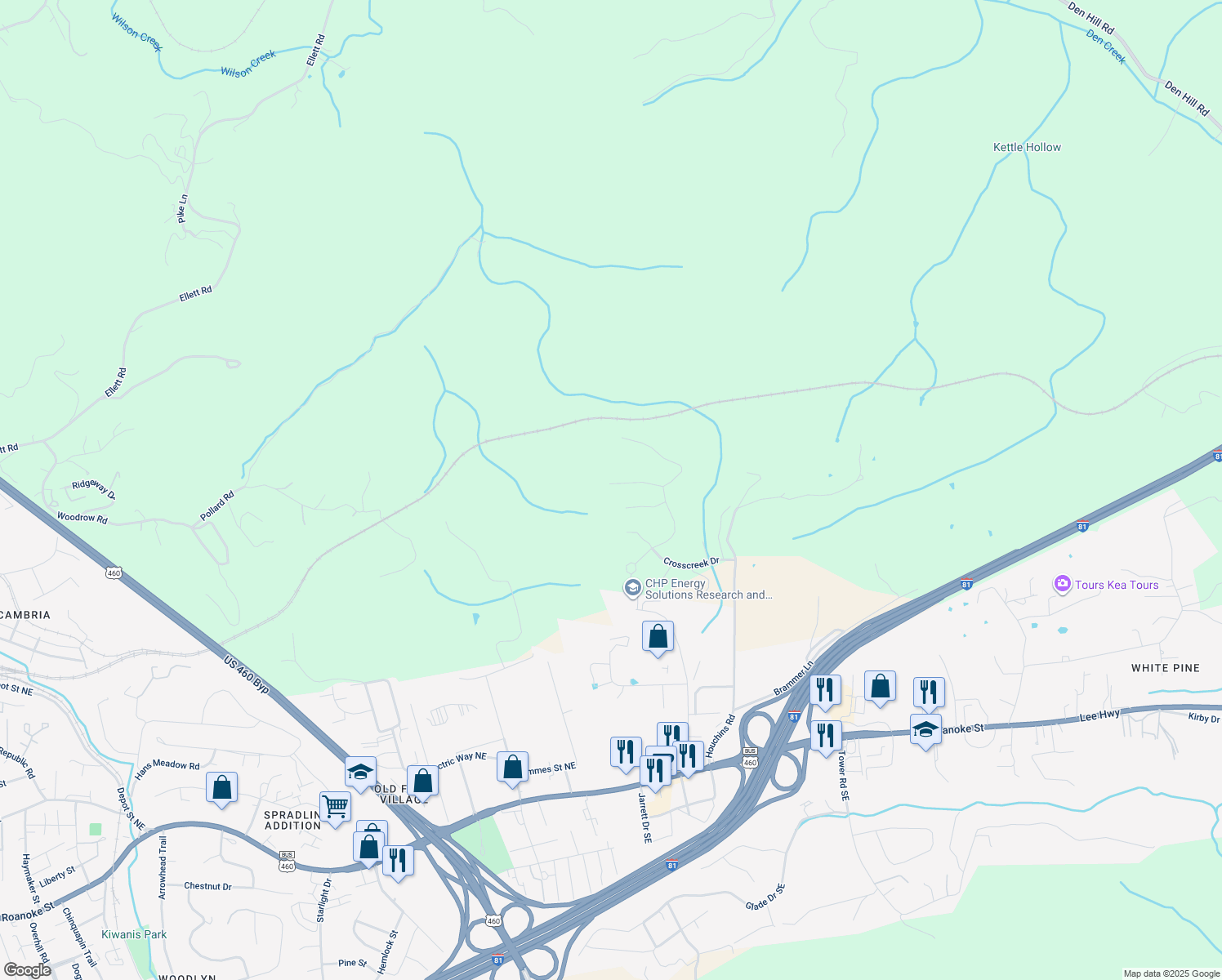 map of restaurants, bars, coffee shops, grocery stores, and more near 1203 Walnut Ridge Road in Christiansburg