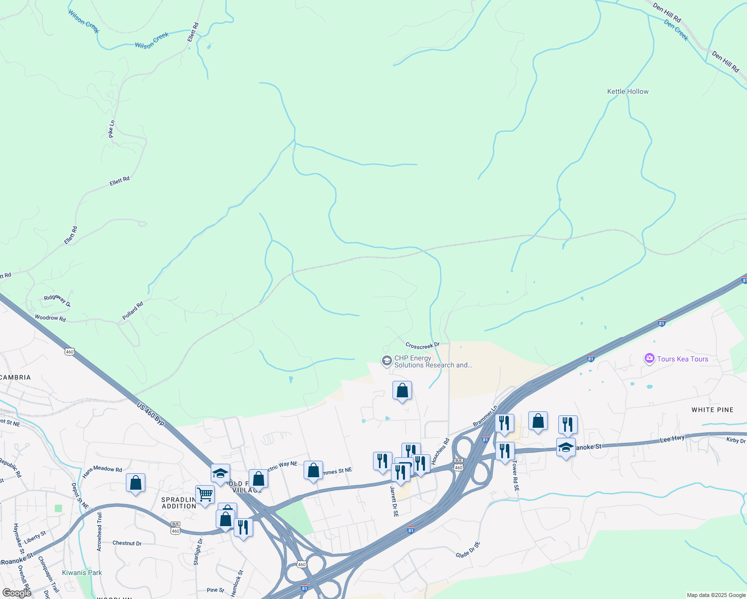 map of restaurants, bars, coffee shops, grocery stores, and more near 1203 Walnut Ridge Road in Christiansburg