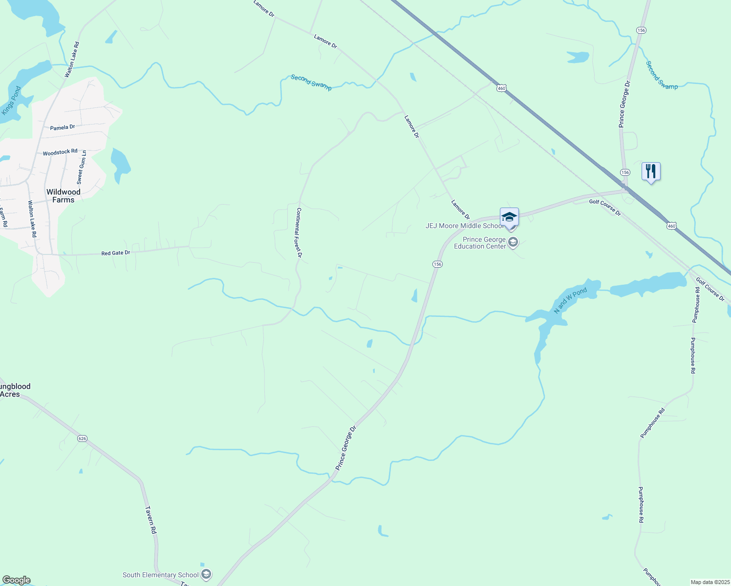 map of restaurants, bars, coffee shops, grocery stores, and more near 5901 Larchwood Drive in Disputanta