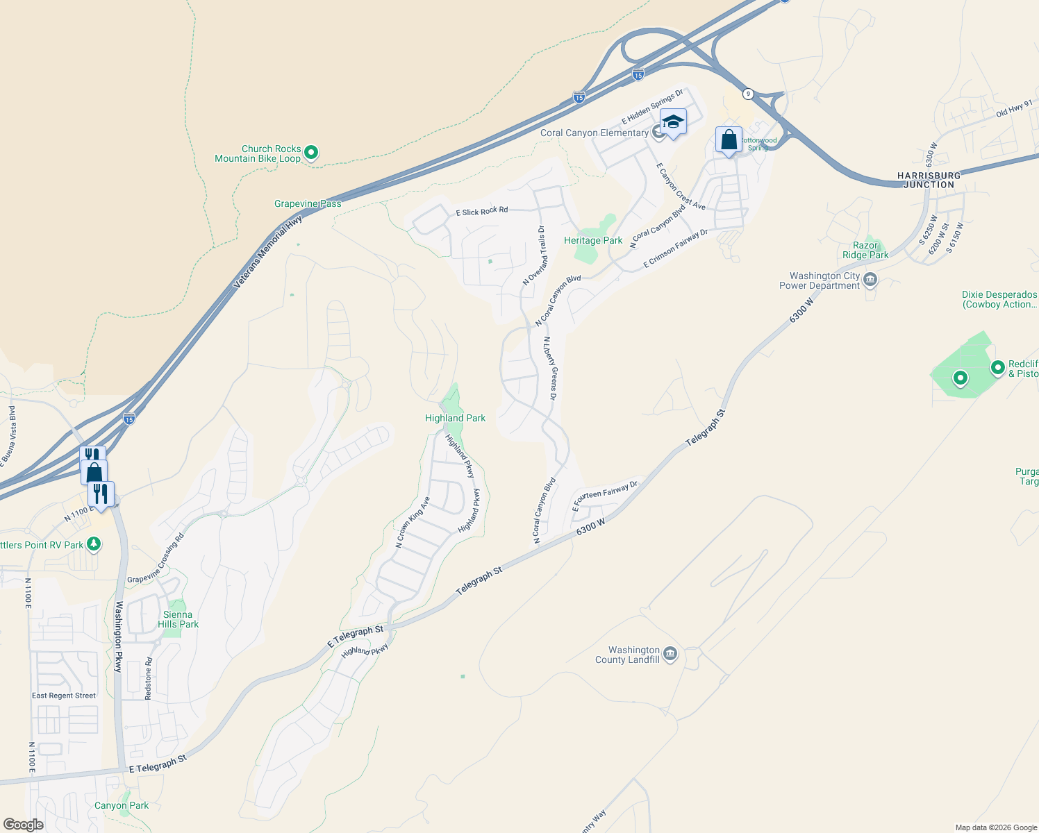 map of restaurants, bars, coffee shops, grocery stores, and more near 1289 North Overland Trails Circle in Washington