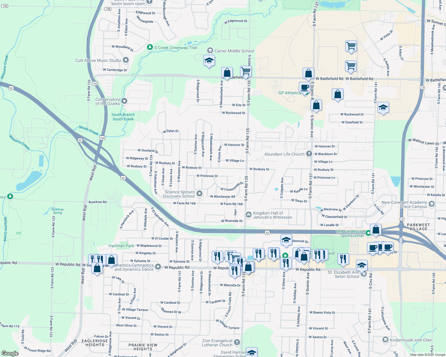 map of restaurants, bars, coffee shops, grocery stores, and more near 3246 West Primrose Street in Springfield