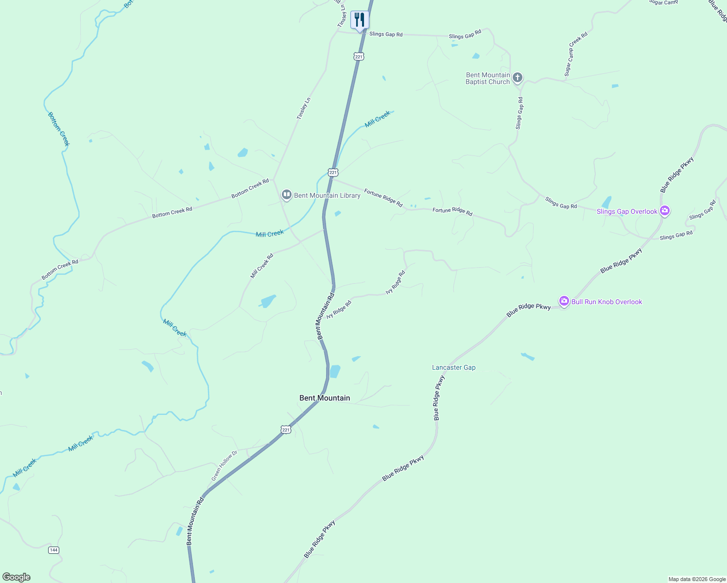 map of restaurants, bars, coffee shops, grocery stores, and more near 10325 Ivy Ridge Rd in Bent Mountain