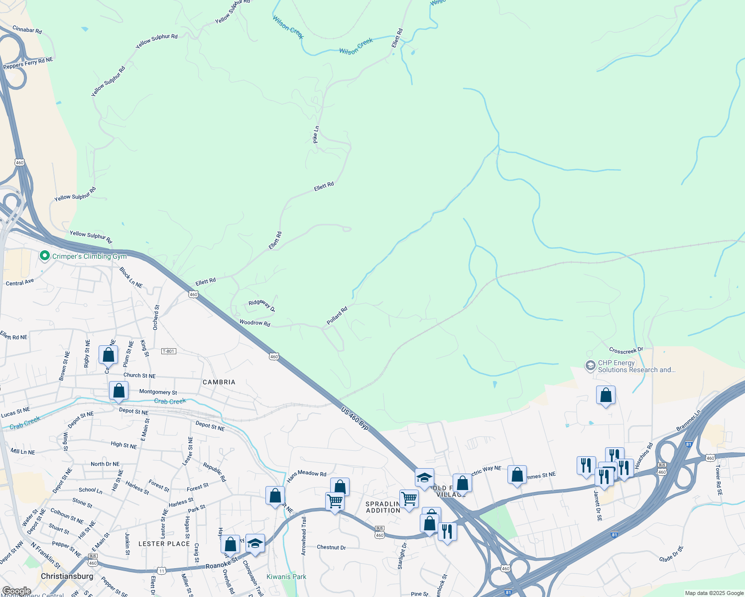 map of restaurants, bars, coffee shops, grocery stores, and more near 1010 Pollard Road in Christiansburg