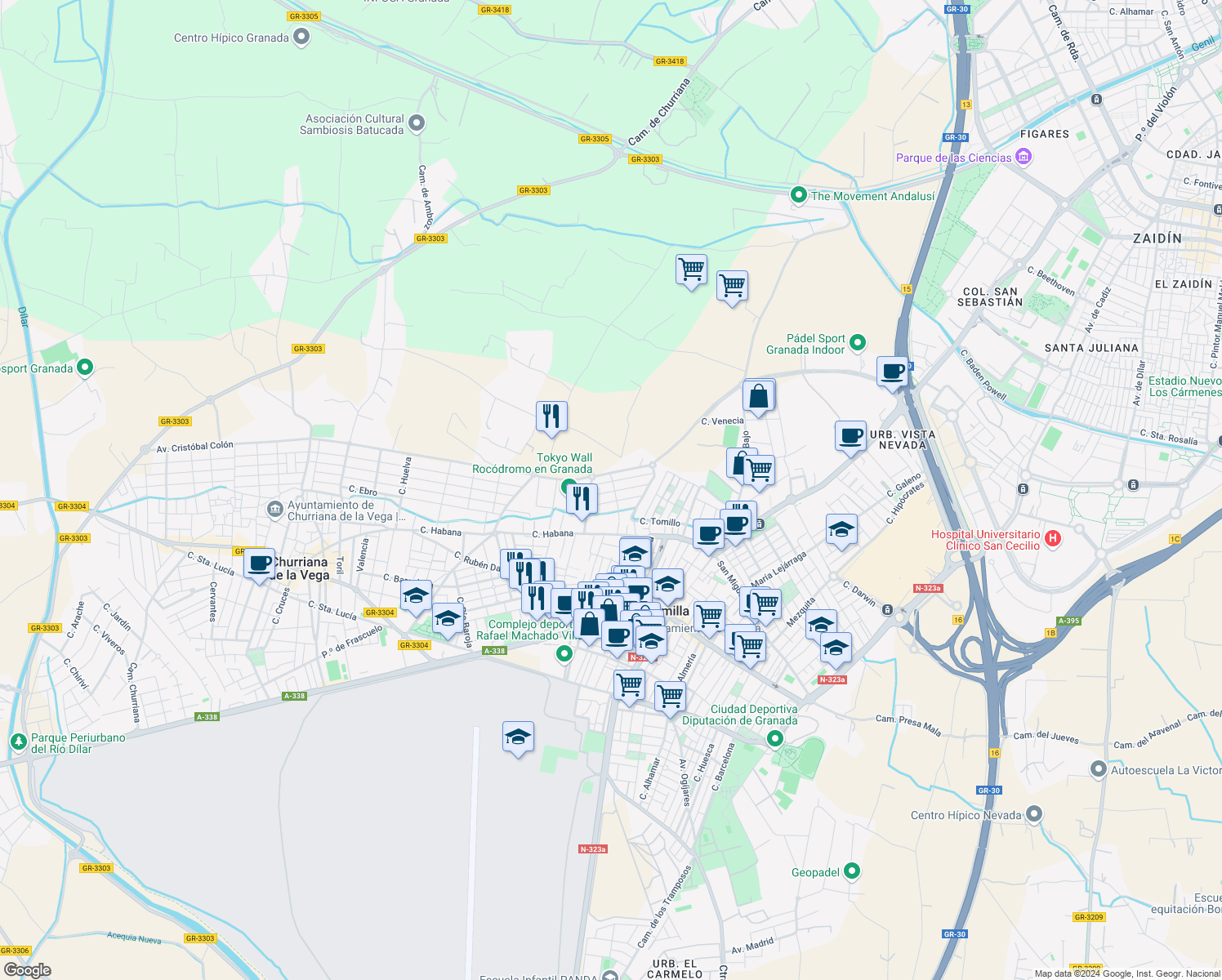 map of restaurants, bars, coffee shops, grocery stores, and more near 23 Calle Costa Rica in Churriana de la Vega