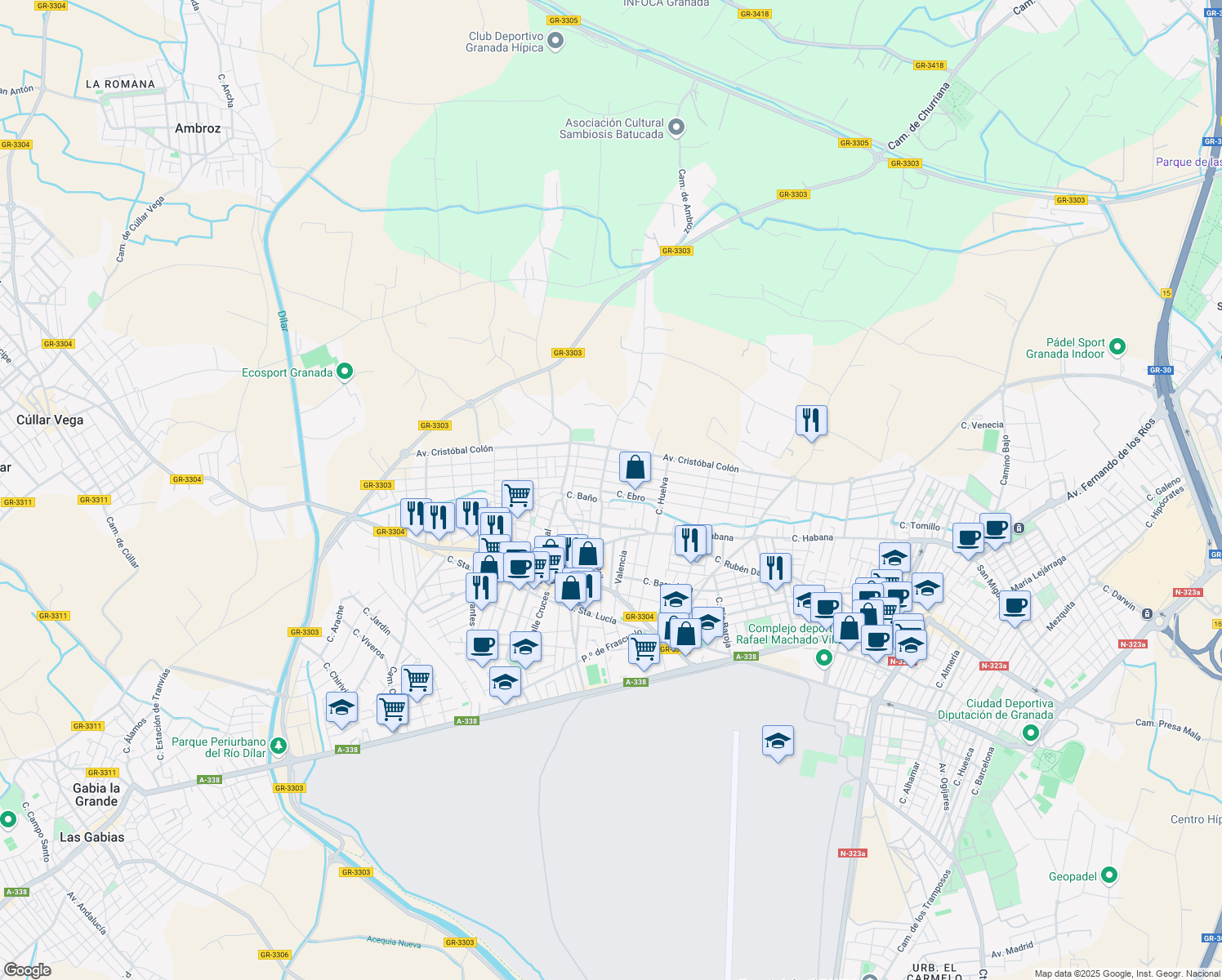 map of restaurants, bars, coffee shops, grocery stores, and more near 11 Calle Ebro in Churriana de la Vega