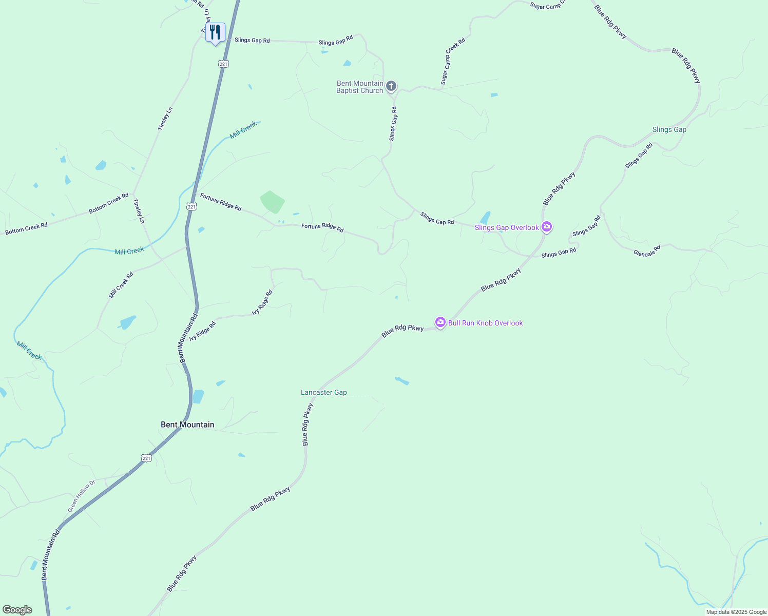 map of restaurants, bars, coffee shops, grocery stores, and more near 10609 Lancaster Road in Bent Mountain