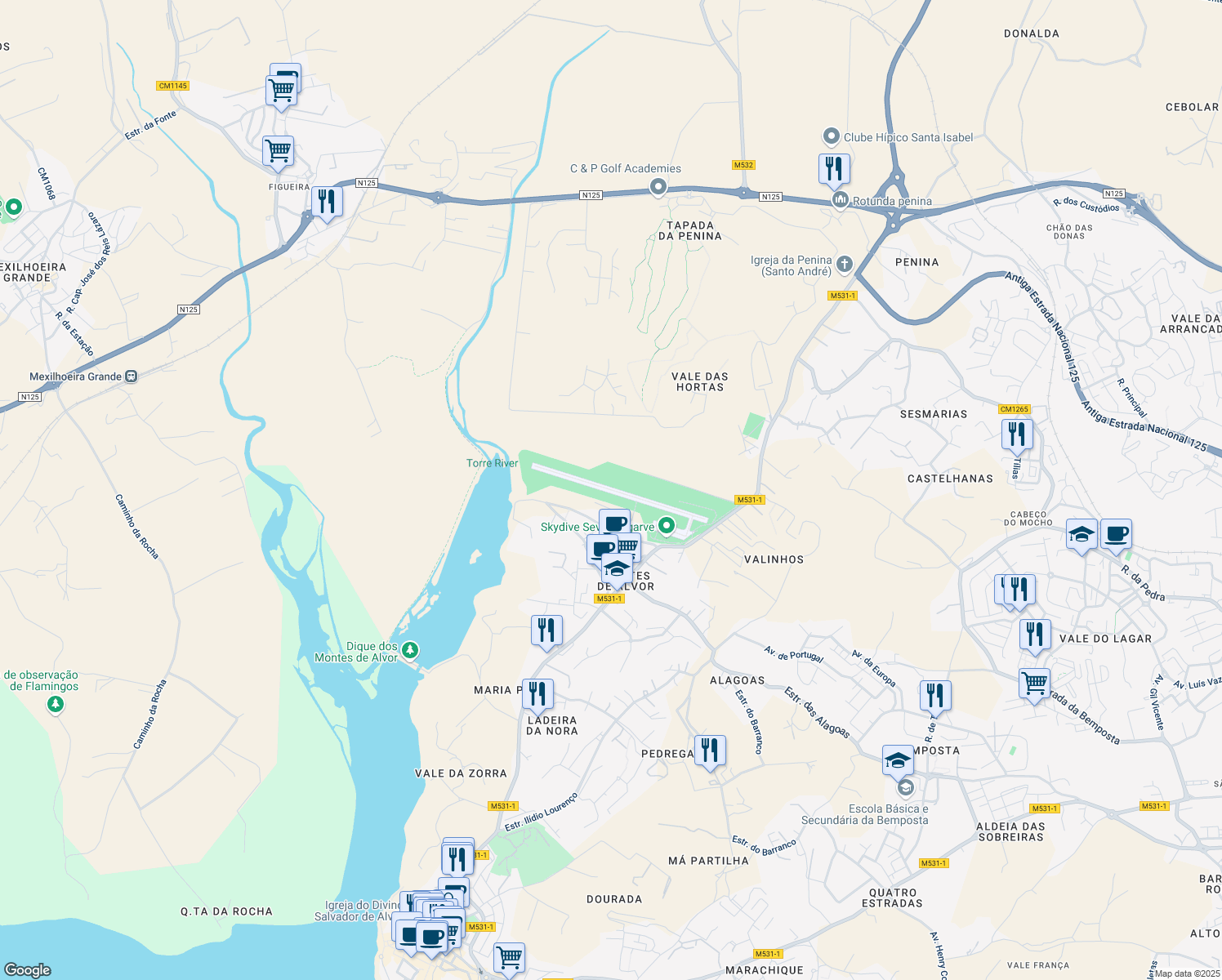 map of restaurants, bars, coffee shops, grocery stores, and more near Estrada da Cruz in Alvor