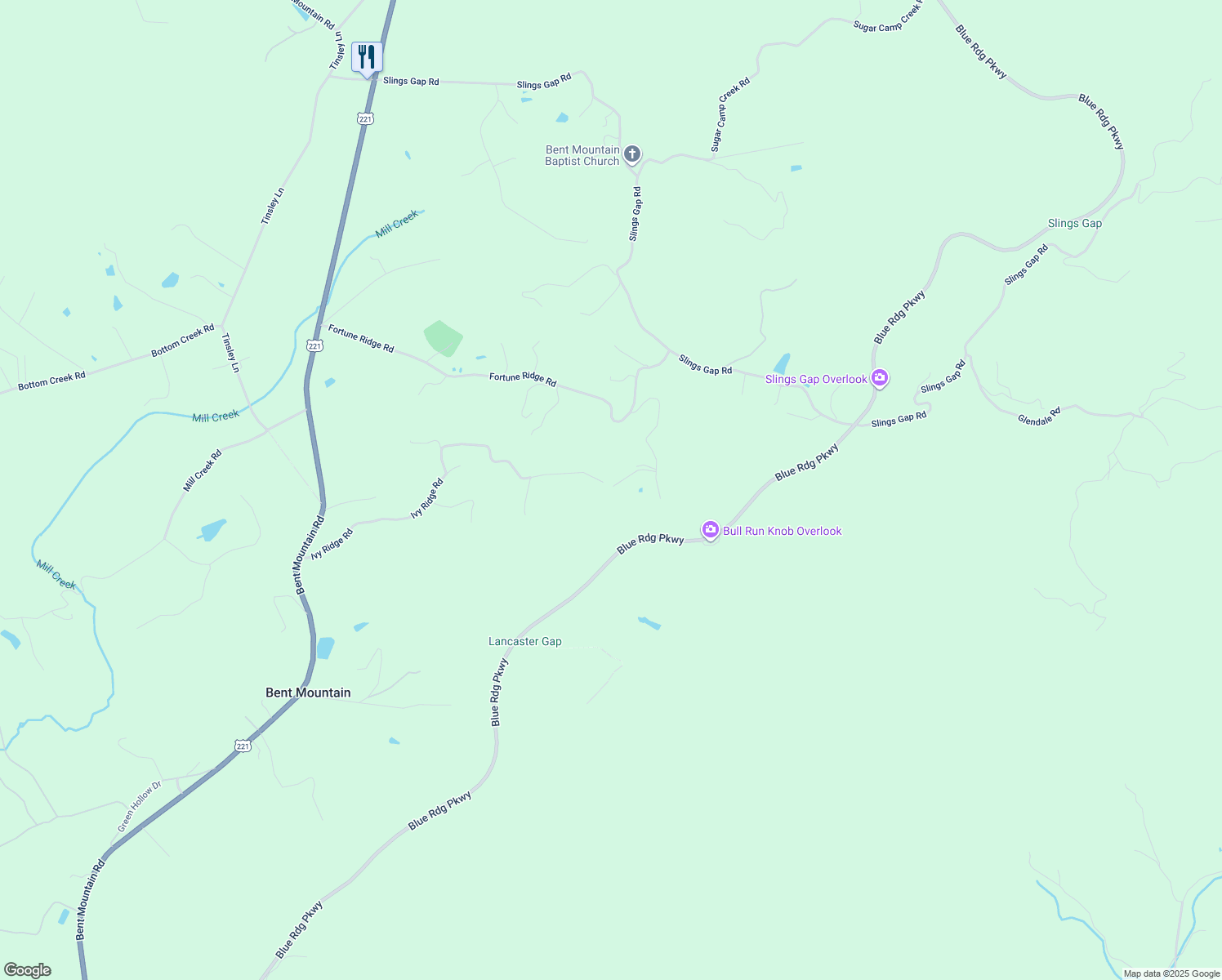 map of restaurants, bars, coffee shops, grocery stores, and more near 10609 Lancaster Road in Bent Mountain