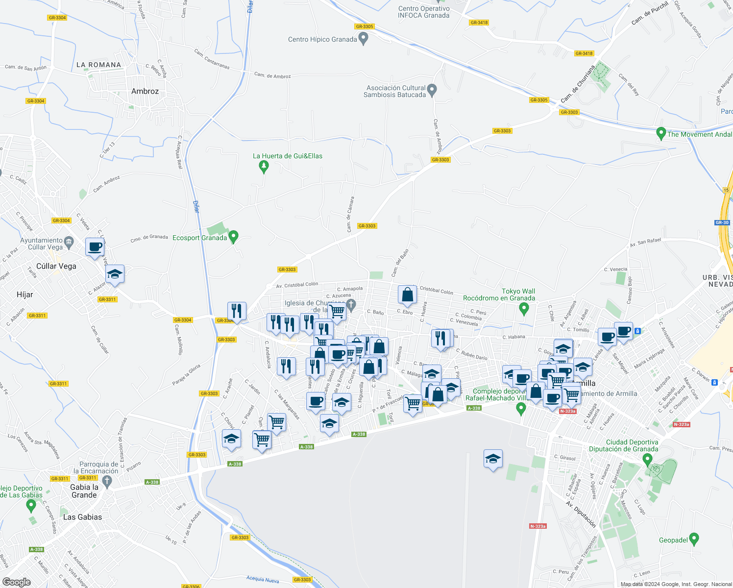 map of restaurants, bars, coffee shops, grocery stores, and more near Camino Cementerio in Churriana de la Vega