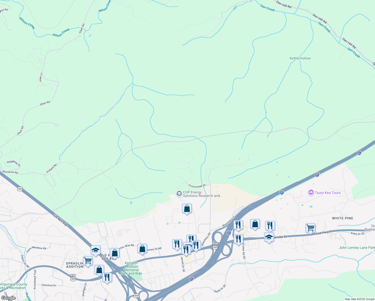 map of restaurants, bars, coffee shops, grocery stores, and more near 1014 Brooklyn Avenue in Christiansburg