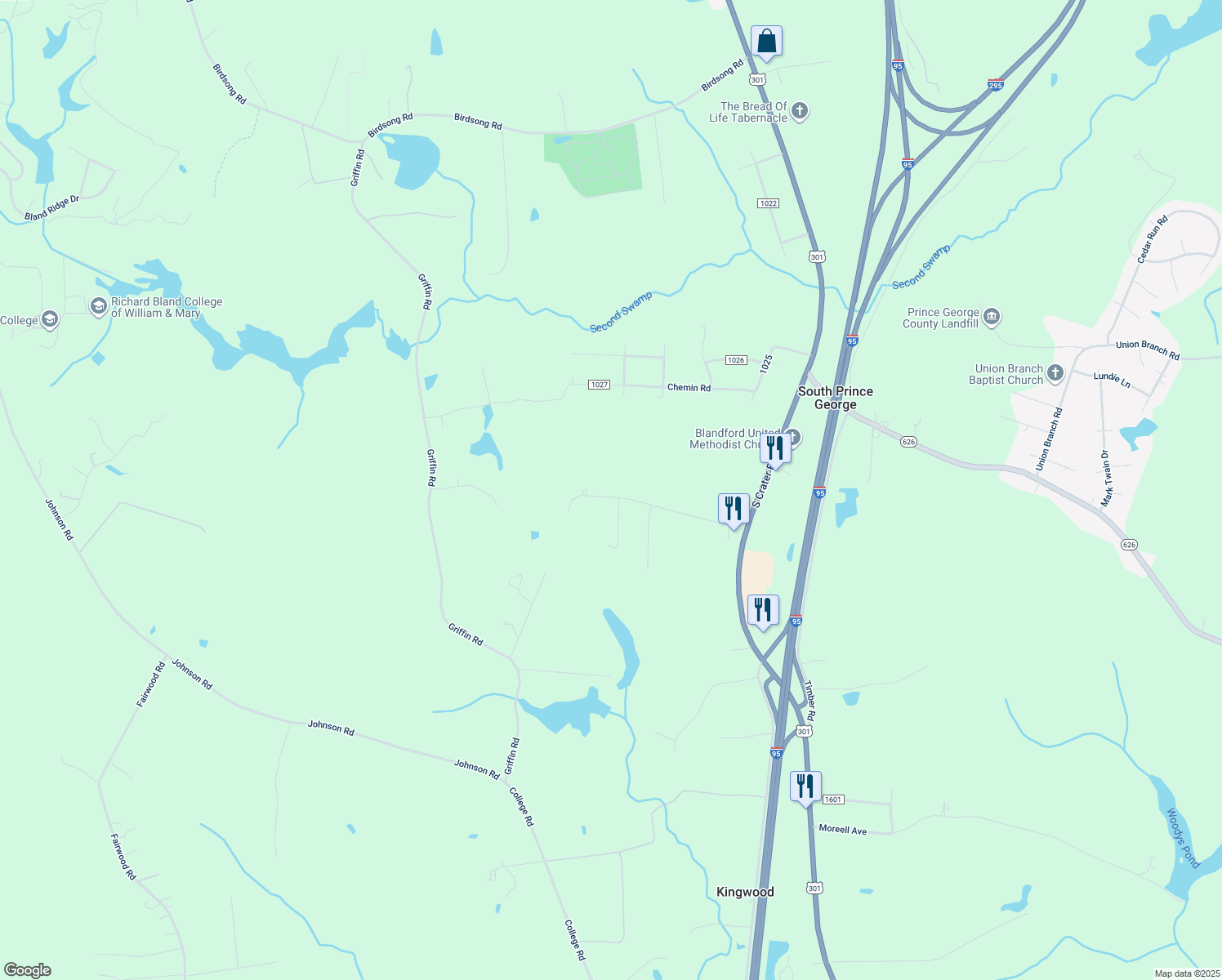 map of restaurants, bars, coffee shops, grocery stores, and more near 1912 Clary Road in Petersburg