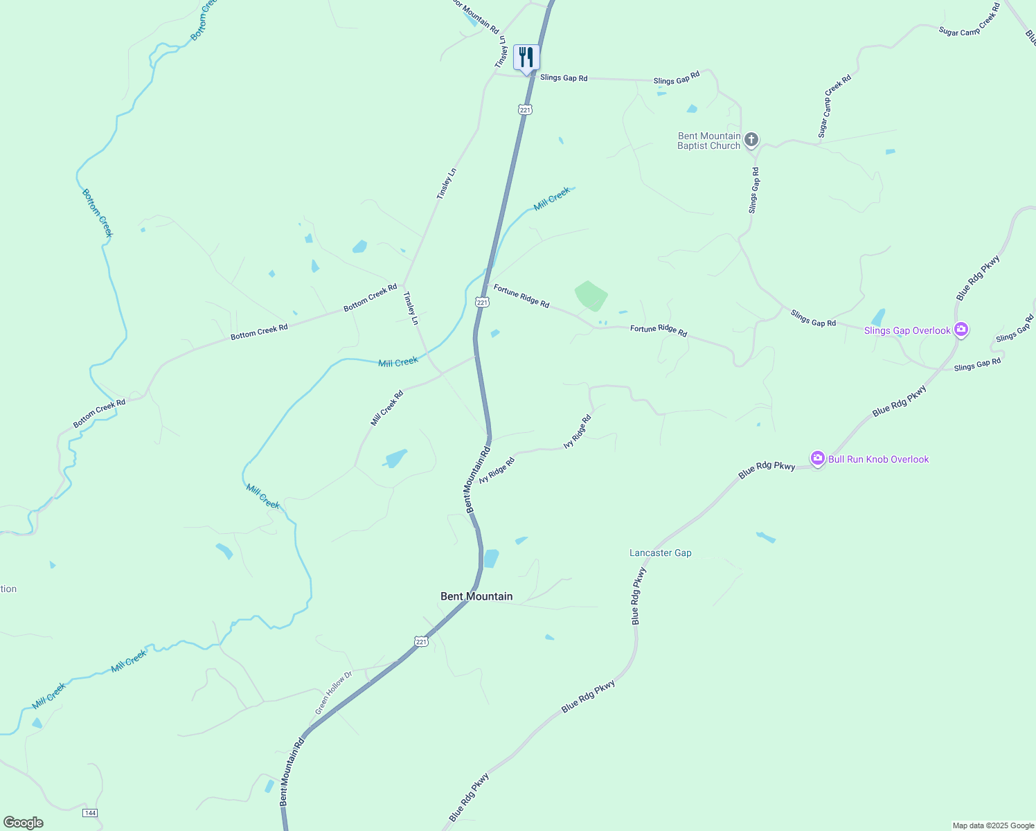 map of restaurants, bars, coffee shops, grocery stores, and more near 10110 Bent Mountain Road in Bent Mountain